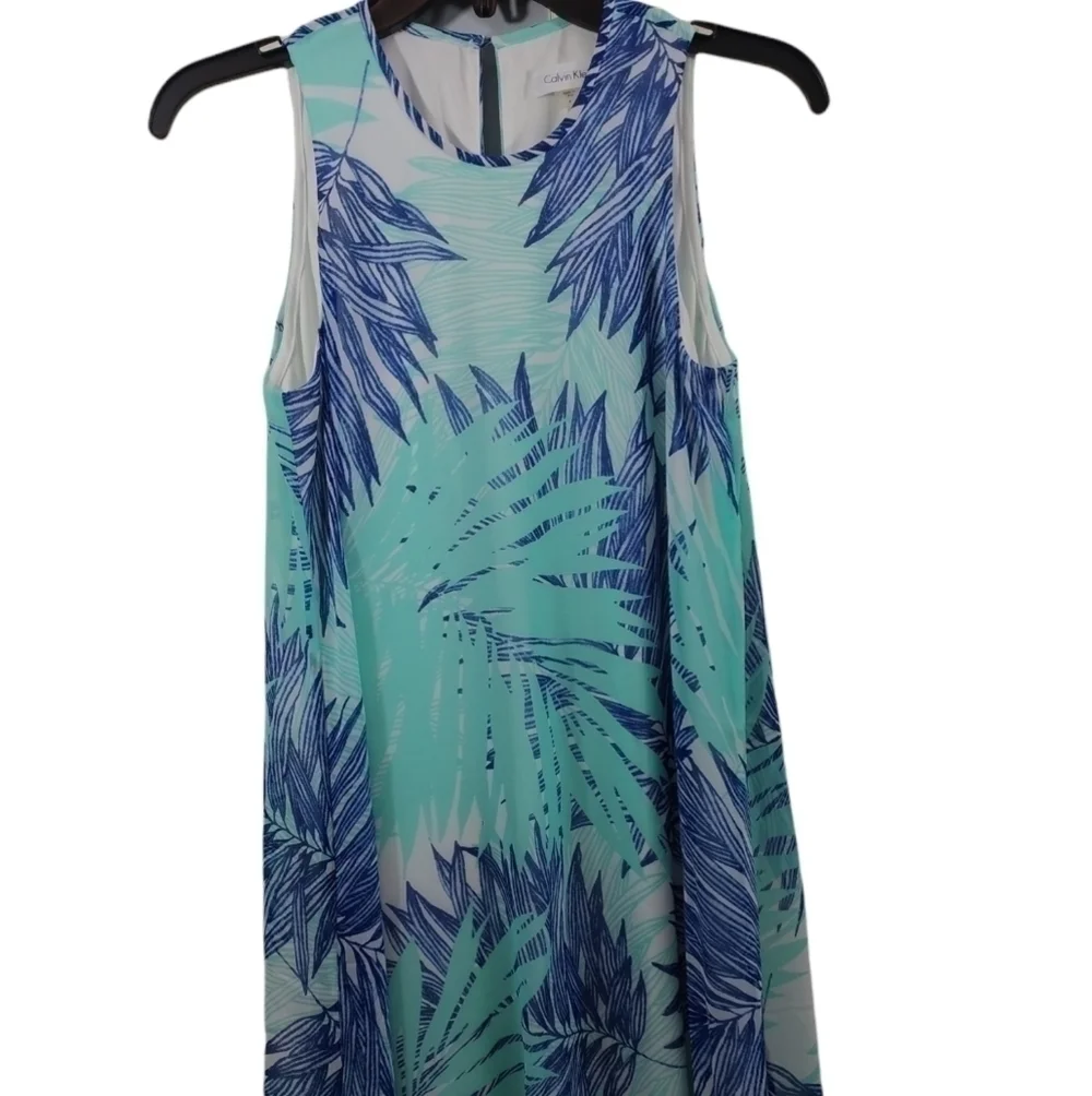 Calvin Klein Sleeveless Trapeze Dress Blue Palm Print Sz 4 - Picture 2 of 15